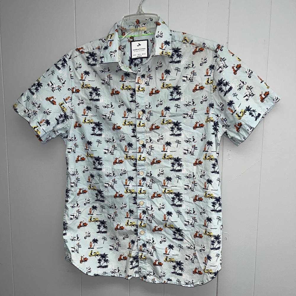 Bike Palm Tree Denim & Flower Ricky Singh Button Down Hawaiian Shirt S